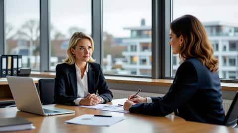 Vrouw en advocaat bespreken transitievergoeding-berekening aan een bureau in een Den Haags rechtenkantoor