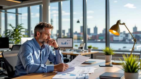 Nederlandse HR-manager bekijkt werkrooster op bureau in Rotterdam kantoor bij schemerlicht