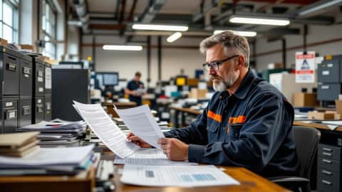 Dansk industrimedarbejder sammenligner overenskomstdokumenter ved et HR-skrivebord i et fabrikskontor i Aarhus