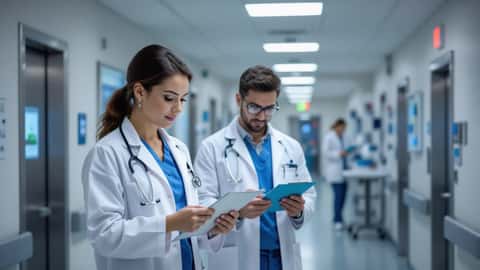 Equipe médicale dans un couloir hospitalier de Lyon analysant les données épidémiologiques du hantavirus
