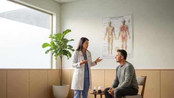 Acupuncturist consulting with a patient in an integrative medicine clinic in San Francisco, calm professional wellness environment