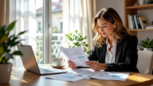 Investisseure française à Rennes comparant des documents SCPI sur un bureau lumineux, matinée calme et professionnelle