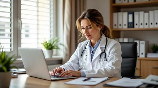 Médecin généraliste française consultant son dossier DPC dans son cabinet médical à Lyon