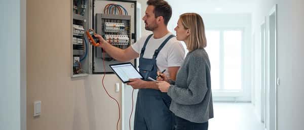 Elektriker erklärt einer Hauseigentümerin die Kosten am offenen Sicherungskasten in einer deutschen Wohnung