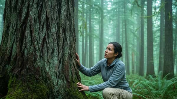 Latina woman planting native wildflowers in an East Los Angeles community garden, urban skyline in background, morning light