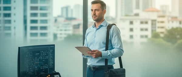 Técnico em informática português a reparar um computador num escritório moderno em Lisboa
