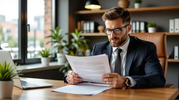 An employment attorney reviewing a non-compete clause in a printed contract with a client at a Chicago law office desk