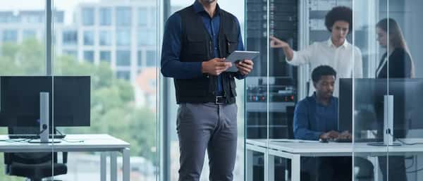 IT-tekniker felsöker en bärbar dator vid ett ljust skrivbord med serverrack i bakgrunden