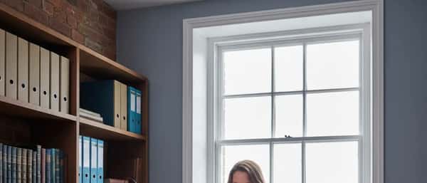 British business owner reviewing QuickBooks Payroll on laptop in a compact UK office with natural daylight
