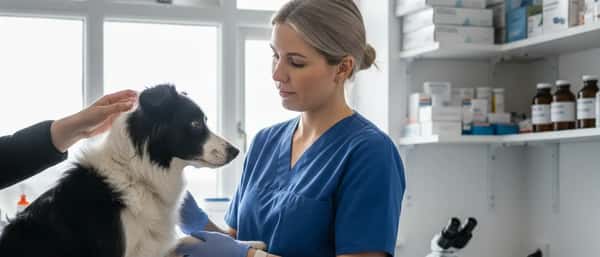 Dýralæknir í Reykjavík skoðar border collie á rannsóknarborði á klíníku