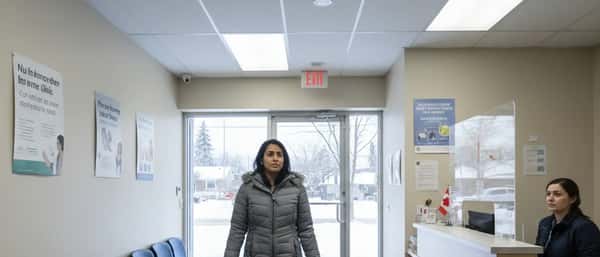 South Asian woman in winter jacket approaching the front desk of a suburban Canadian walk-in clinic