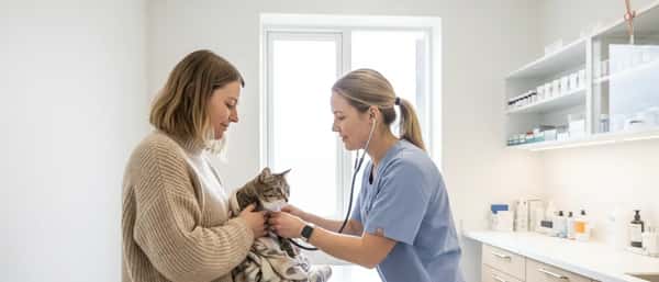 Dyrlæge undersøger en kat med stetoskop i en lys dansk klinik mens ejeren holder katten