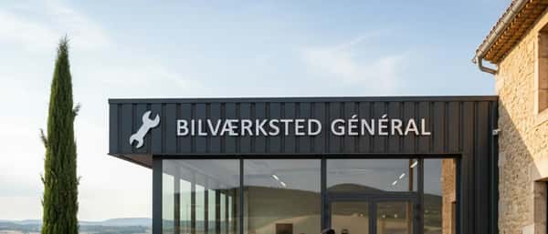 Dansk bilist og mekaniker i samtale ved åben motorhjelm i et autoværksted