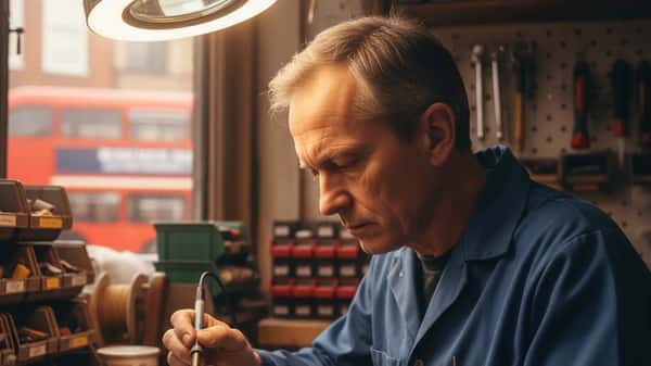 British electronics repair technician examining a circuit board with a magnifying lamp in a workshop