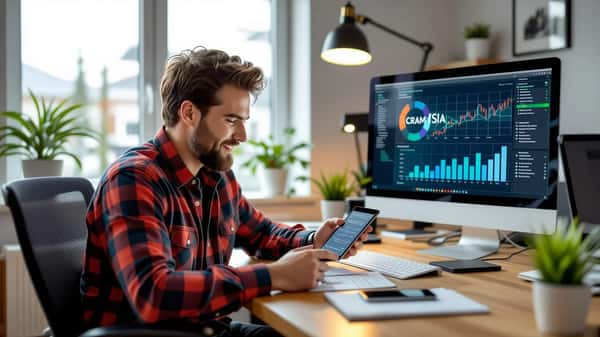 Canadian man checking TFSA contribution figures on a smartphone with CRA My Account visible on a desktop monitor, home office setting in Calgary