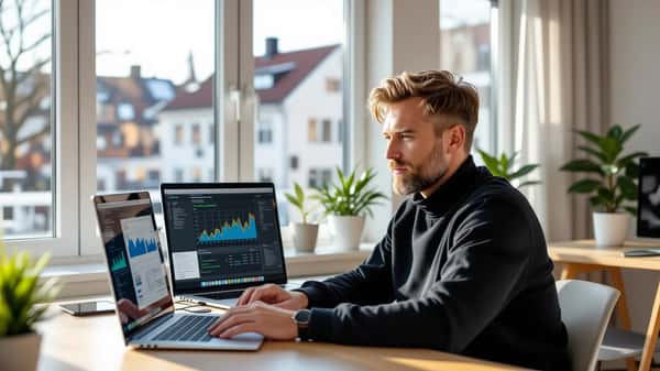 Swedish man comparing Avanza and Nordnet investment platforms on laptop in minimalist Nordic home office