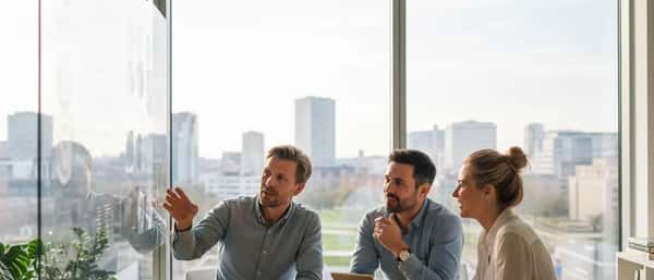 IT-Berater erläutert eine Serverarchitektur am Whiteboard in einem modernen Berliner Büro