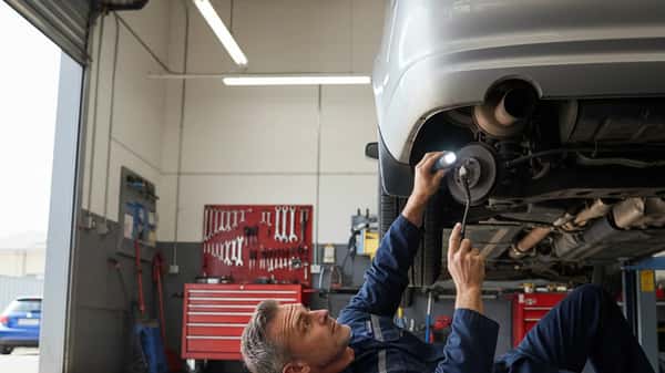 Australian mechanic inspecting a car on a hoist in a suburban Sydney workshop, lying under the vehicle with a torch checking brake components