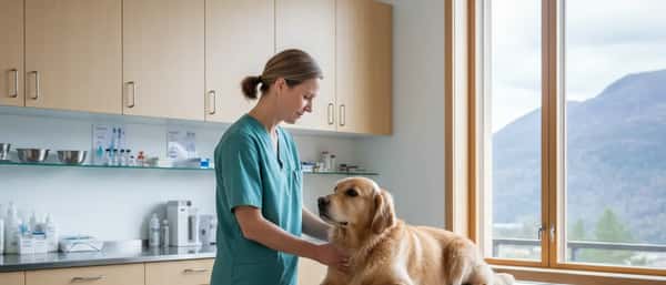 Veterinær undersøker en golden retriever på undersøkelsesbord i en norsk dyreklinikk