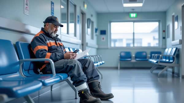 Trabalhador português em sala de espera de hospital em Setúbal com tornozelo enfaixado após acidente de trabalho, olhando para o telemóvel