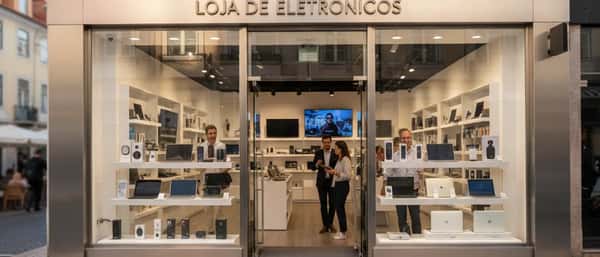 Técnico brasileiro inspecionando placas de circuito e componentes Arduino em bancada de loja de eletrônica em São Paulo