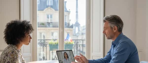Mulher brasileira em teleconsulta com médico online pelo laptop em sala de estar moderna