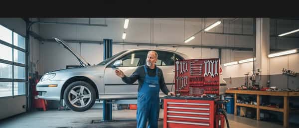 Suomalainen automekaanikko sinisessä työhaalarissa tutkii nosturia olevaa autoa Tamperelaisessa korjaamossa