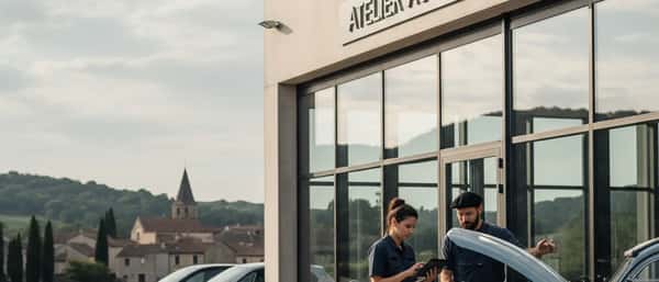 Innenansicht einer österreichischen Autowerkstatt mit Mechaniker unter einer Hebebühne und Kunde im Vordergrund