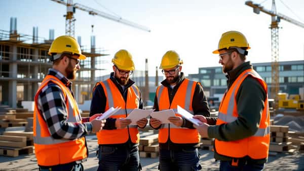 Bauarbeiter auf einer Baustelle prüfen ihre Tarifrechte nach dem BRTV-Bau, Deutschland 2026
