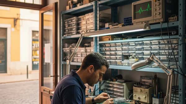 Oficina de reparação eletrónica em Lisboa com técnico a examinar placa de smartphone ao balcão