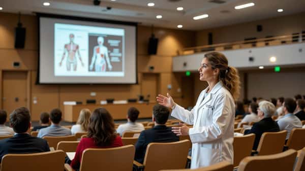 Médecin spécialiste au CHU de Lyon analysant des résultats d'imagerie médicale sur grand écran lors d'une consultation