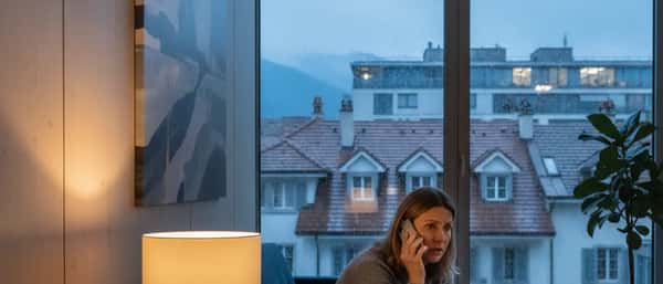 Femme suisse inquiète appelant un médecin de garde depuis son salon à Lausanne en soirée