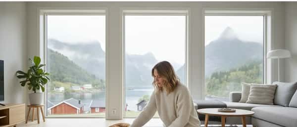 Kvinne kneler bekymret ved siden av hunden sin i en skandinavisk stue