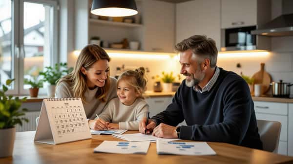 Statlig arbetstagare i Malmö planerar semester vid köksbordet med lönespecifikation och kalender