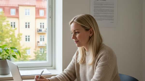 Svensk kvinna i hemmakontor planerar semesterledighet med RALS-dokument, naturligt morgonljus, Stockholmshem
