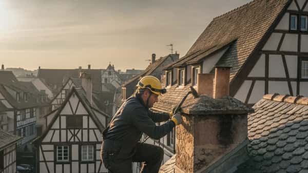 Ramoneur certifié sur le toit dune maison alsacienne à Strasbourg avec équipement de protection et brosse de ramonage