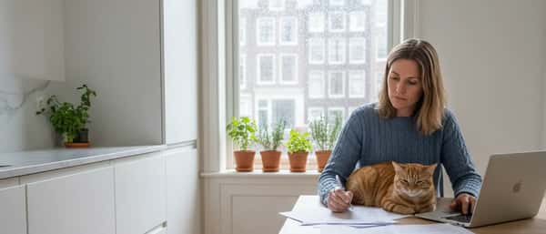 Nederlandse vrouw vergelijkt huisdierenverzekeringen aan de keukentafel met haar kat naast de laptop