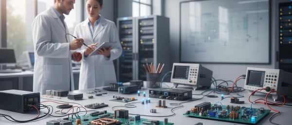 Tecnico italiano di elettronica ripara una scheda circuitale con saldatore in un laboratorio moderno attrezzato