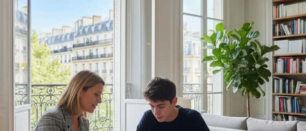 Femme française prenant des notes lors d'un cours d'anglais en visioconférence dans un salon lumineux à Lyon