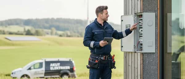 Dansk elektriker i blåt arbejdstøj inspicerer eltavle med lommelygte i en moderne skandinavisk lejlighed