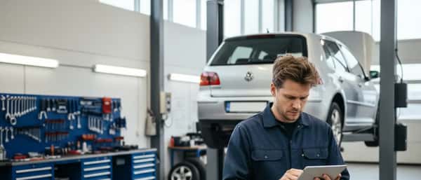 Bifvélavirkji í dökkbláum vinnufötum skoðar greiningartæki við Volkswagen á lyftu í verkstæði á Íslandi