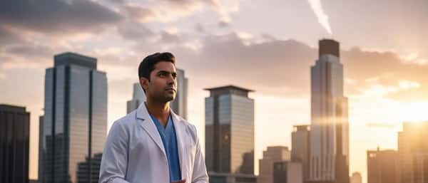 Doctor consulting with a patient in a modern Icelandic health centre, seated at a birch desk with winter light through frosted windows