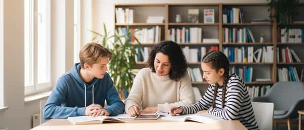 Dansk teenager og tutor gennemgår en matematikopgave ved et skrivebord i et hyggeligt hjem