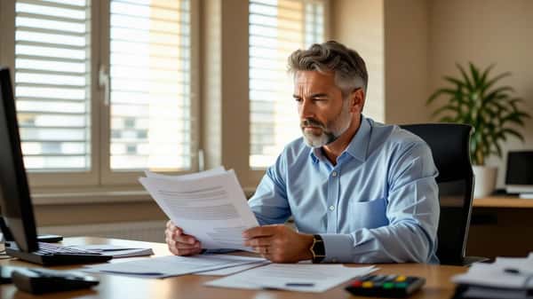 Salarié consultant ses documents de licenciement dans un bureau à Marseille, calculatrice et lettre de notification posées devant lui