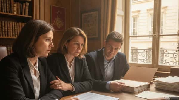 Famille française consultant un notaire à Lyon pour une succession internationale avec des documents européens