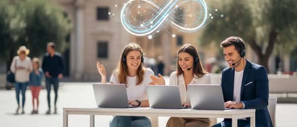 Studente italiano che studia online al computer con un tutor in videochiamata, in una stanza luminosa con quaderni e penne