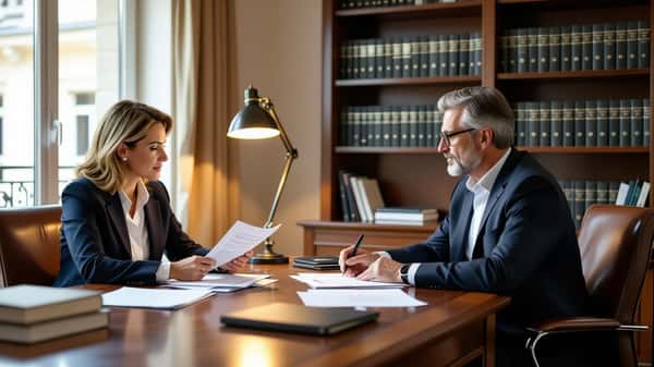 Couple français étudiant des documents de divorce et séparation de corps dans un cabinet d'avocats à Grenoble