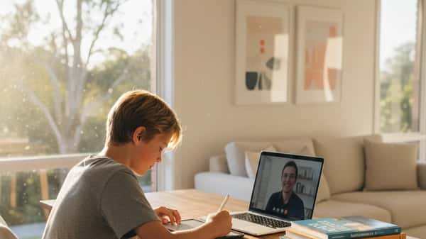 Australian teenager studying maths online with a tutor via video call in a bright suburban living room