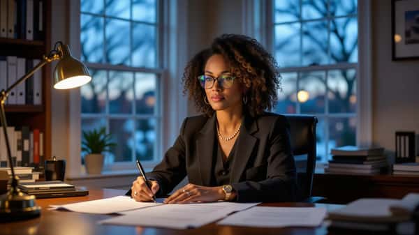 A paralegal reviewing Maryland labor law documents at a home office desk in Baltimore, blue-hour evening light, bookshelves in background