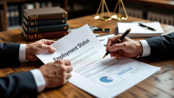 UK IT contractor hands reviewing an employment status determination document at a wooden desk in Leeds, legal reference books visible in background